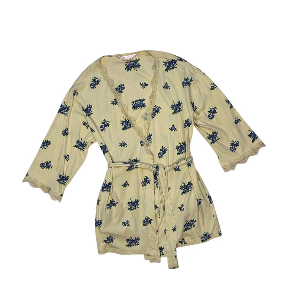 Y2K Victoria's Secret Pale Butter Yellow Floral Cotton Lace Trim Robe